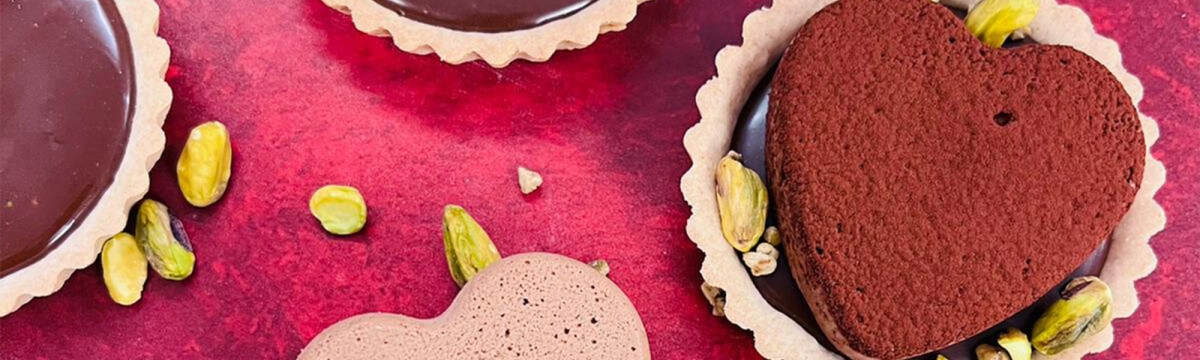 Vegan chocolate and pistachio Valentine's tart
