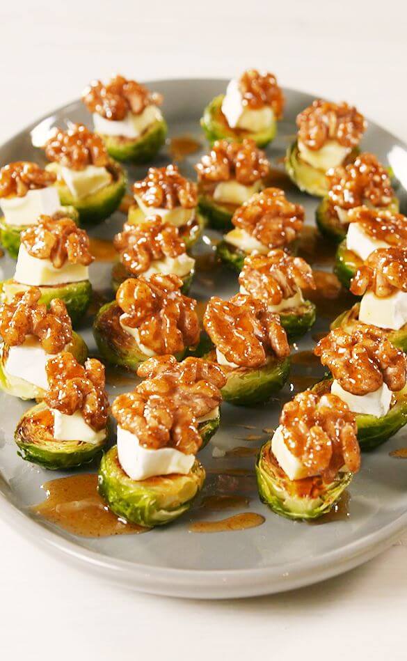Roasted Brussel Sprout Bites With Candied Walnuts and Brie
