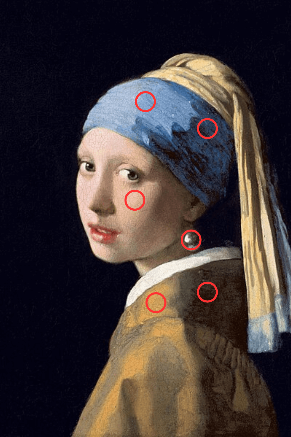 Polymer Clay: Girl with a pearl earring with 6 small red circles indicating the exact spots the color were borrowed from