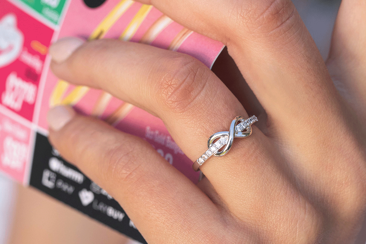 A Guide To Our Favourite Dainty Jewellery: image of an infinity ring on hand