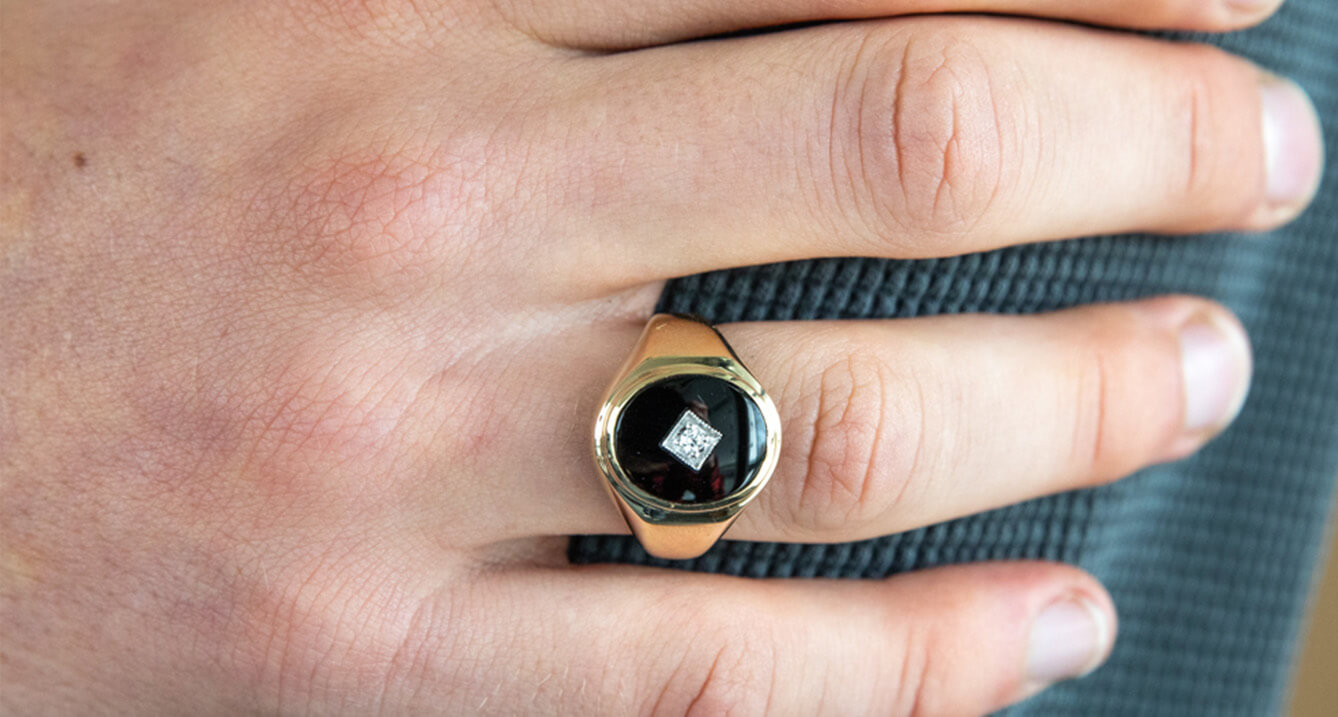 A Roundup Of Our Most "Masculine" Engagement Rings | 9ct Yellow Gold Black Onyx and Diamond Gents Ring