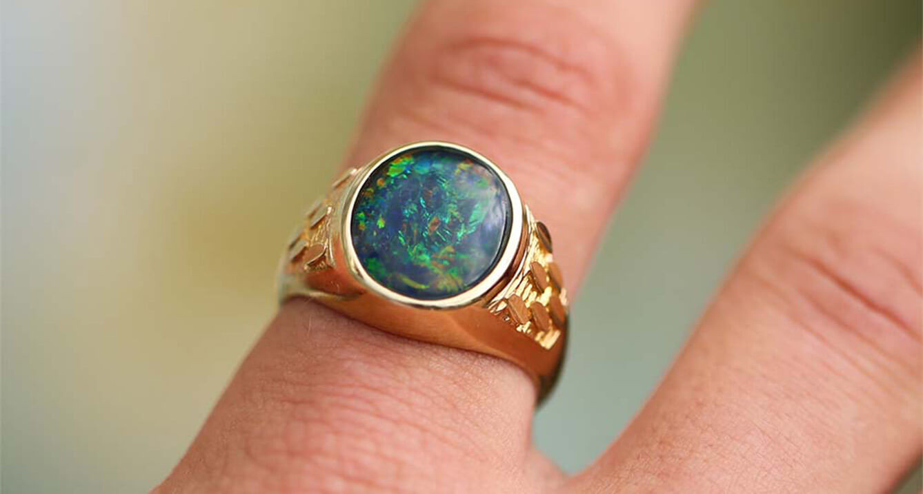 A Roundup Of Our Most "Masculine" Engagement Rings | 9ct Yellow Gold Triplet Opal Gents Ring