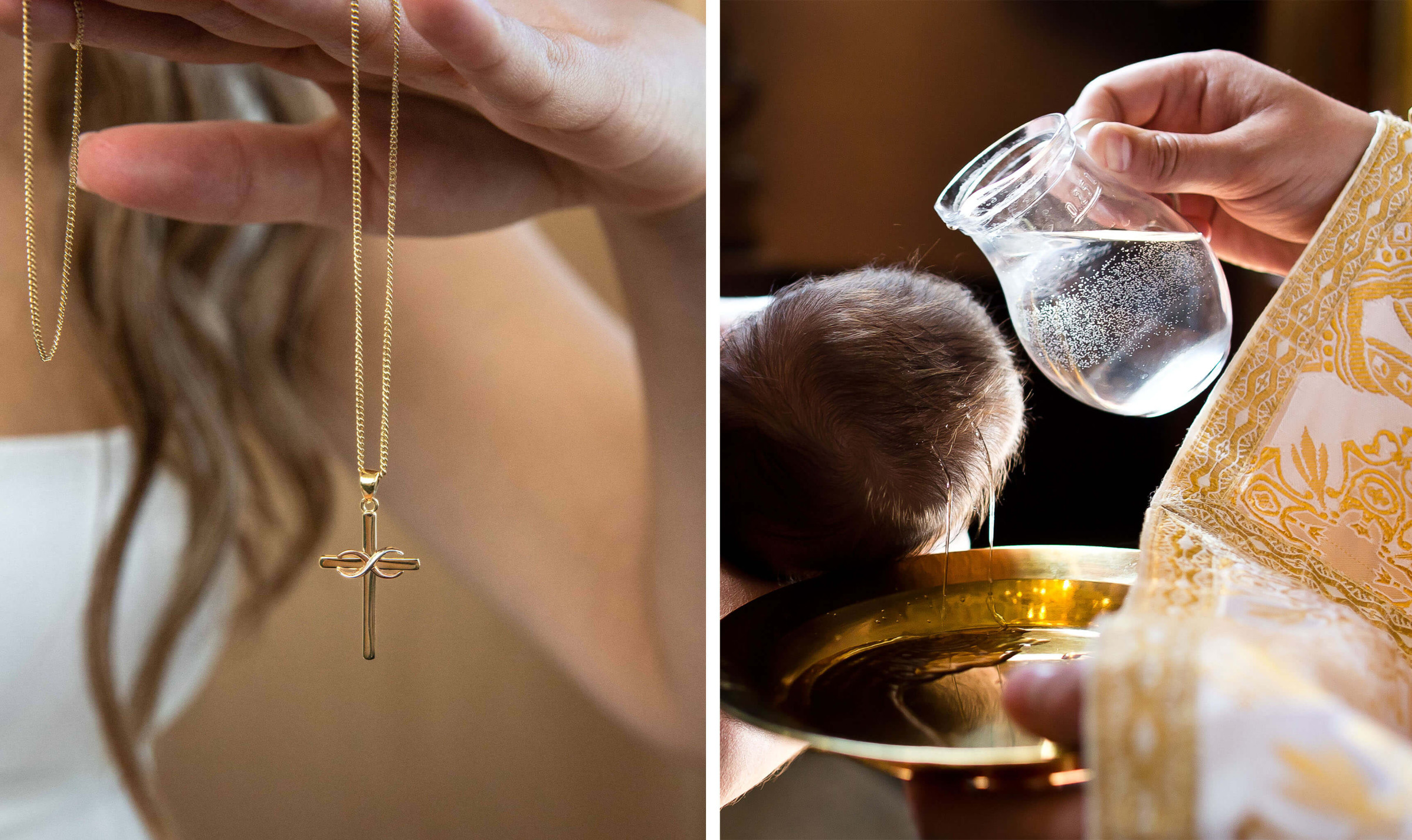 christening gift ideas: a necklace and priest pouring water over a child