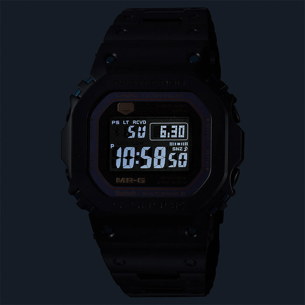 G-Shock MR-G Kiwami. LED Backlight in Casio watch, with a premium titanium cased coated in Diamond-Like Carbon.
