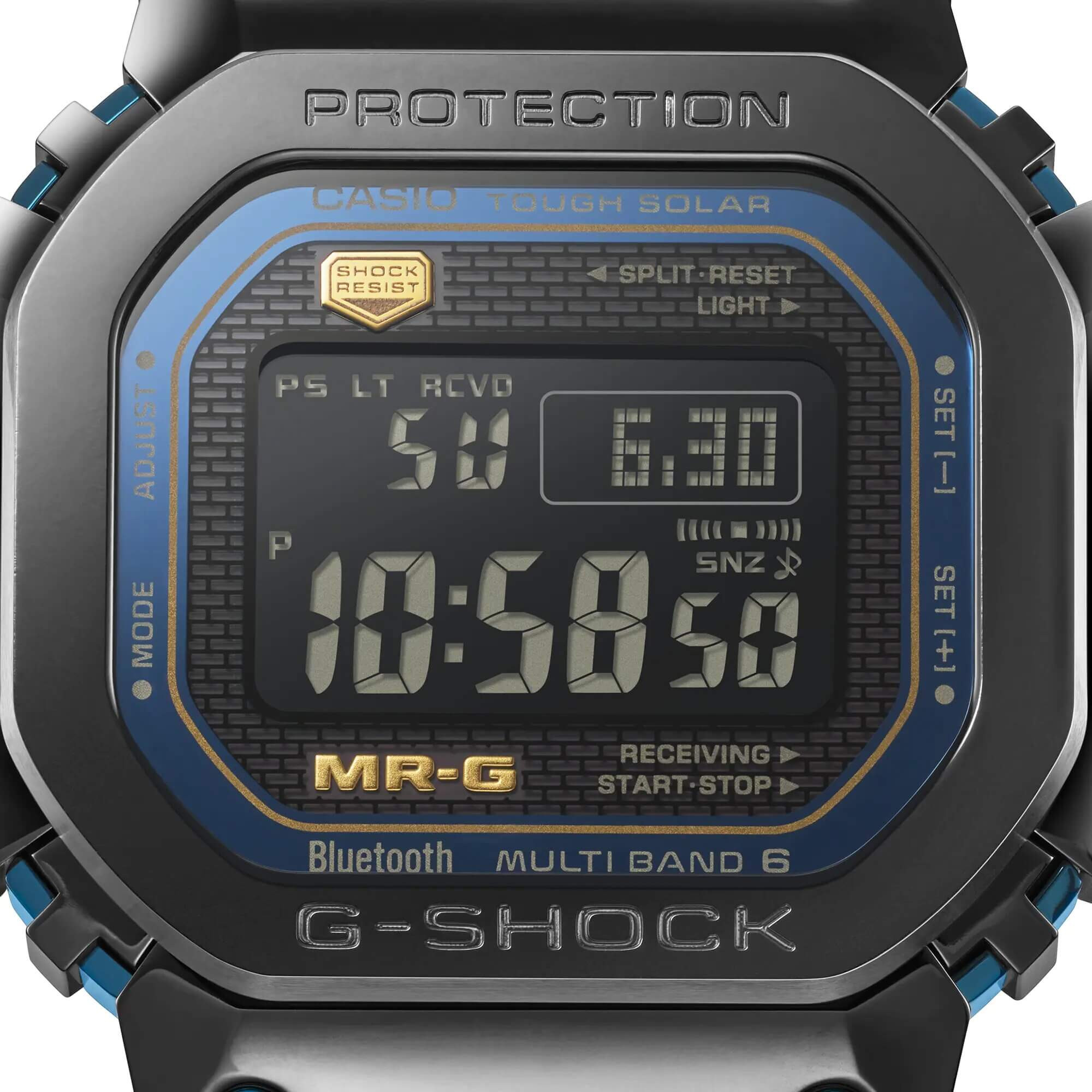 G-Shock MR-G Kiwami. Casio MRGB5000BA-1D model screen with cobalt blue frame and negative digital screen.