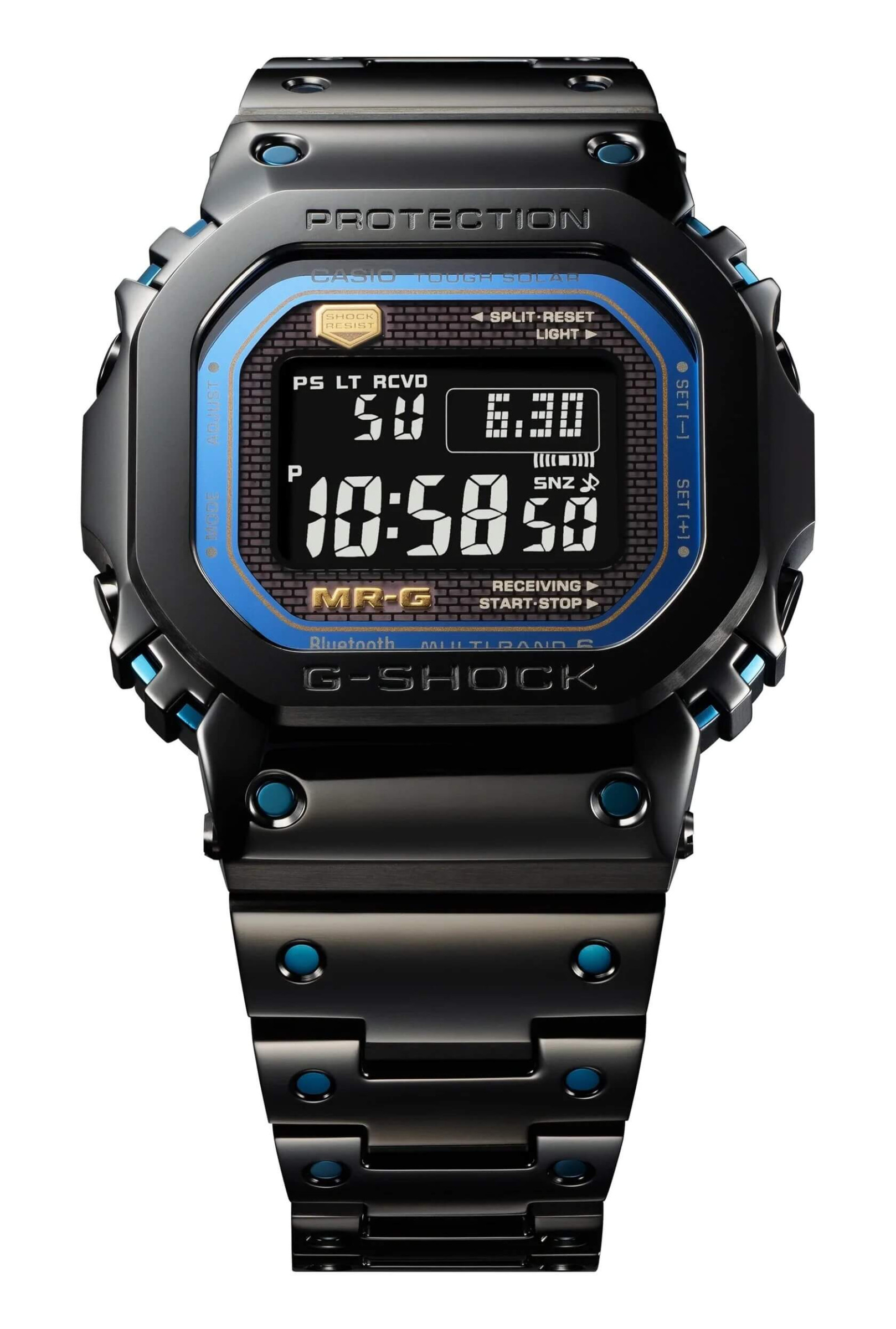G-Shock MR-G Kiwami. Watch band with black diamond-like coating and blue accents.
