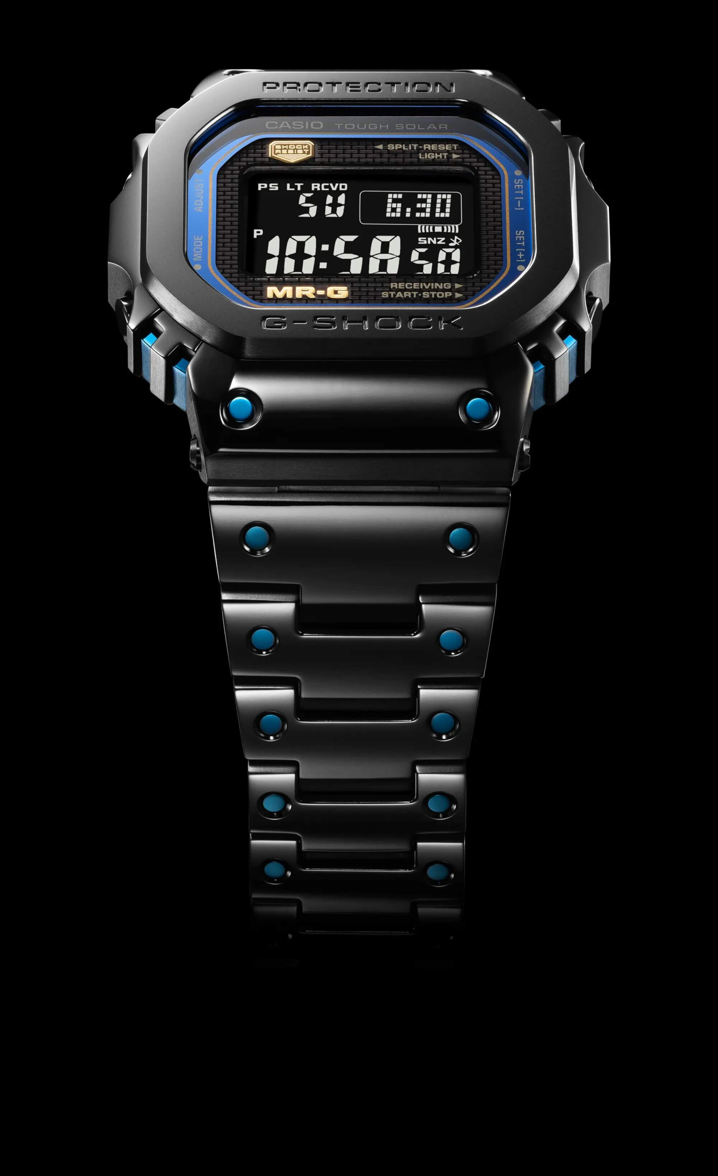 G-Shock MR-G Kiwami. Ao-zumi blue design in premium Casio square style. Plated with a black Diamond-like carbon coating.