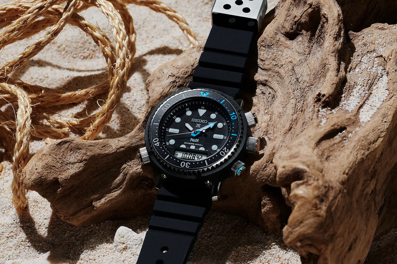 Seiko Hybrid Diver. Black watch lying flat with a piece of driftwood