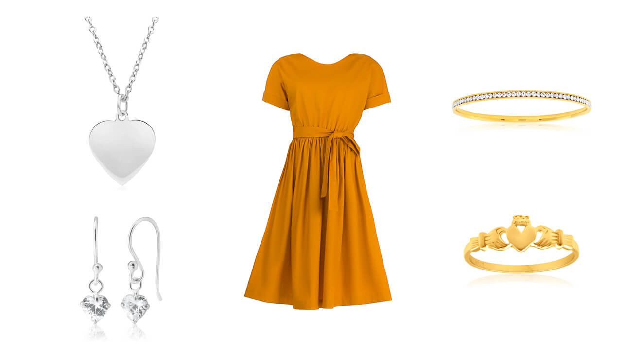 how to accessorise an orange dress: silver and gold
