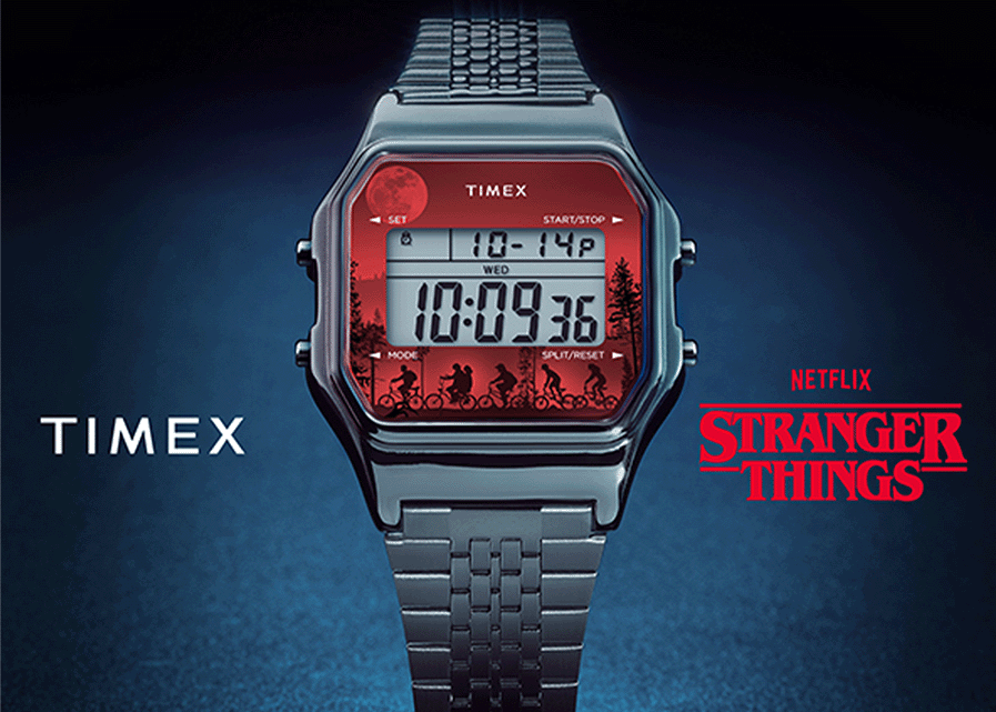 Stranger Things Timex Watches. Image of T80 screen with Stranger Things graphic.
