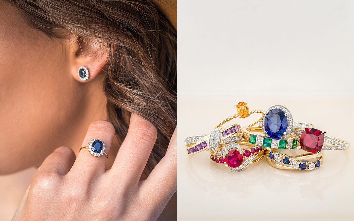 Bridal Jewellery Trends 2022: Left image - side profile of a woman wearing a ring and matching earring, right image - variety of gemstone rings stacked on top of one another