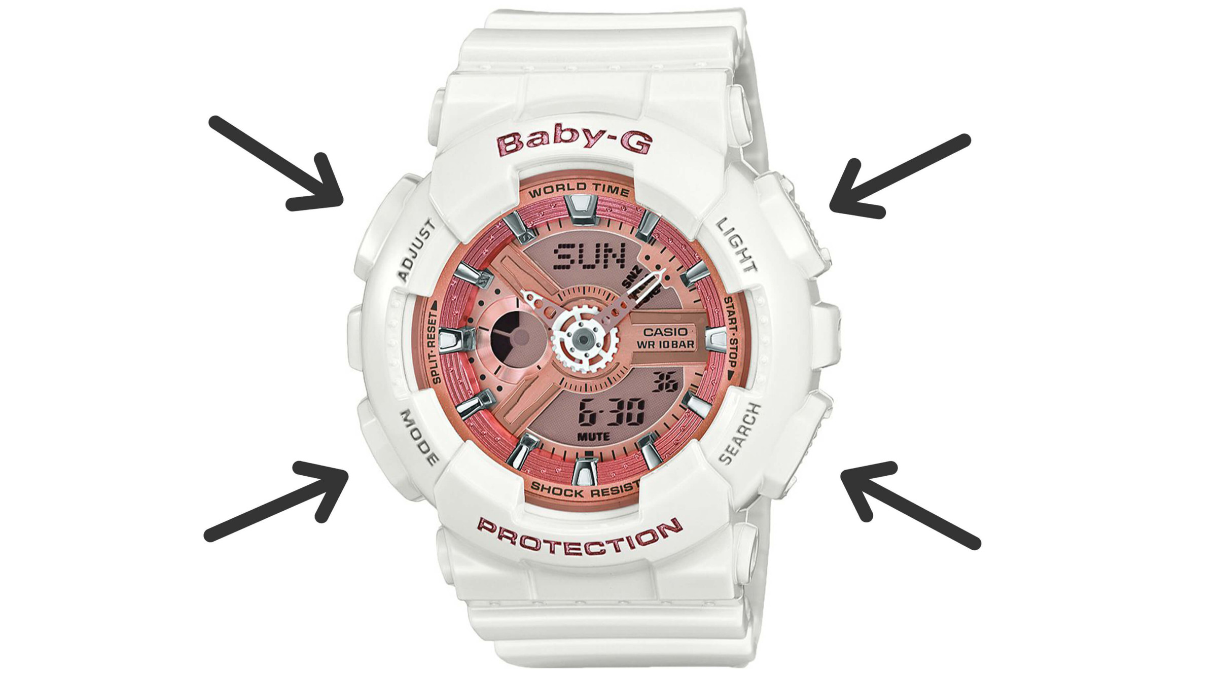 how to change time on baby-g watch: step 1