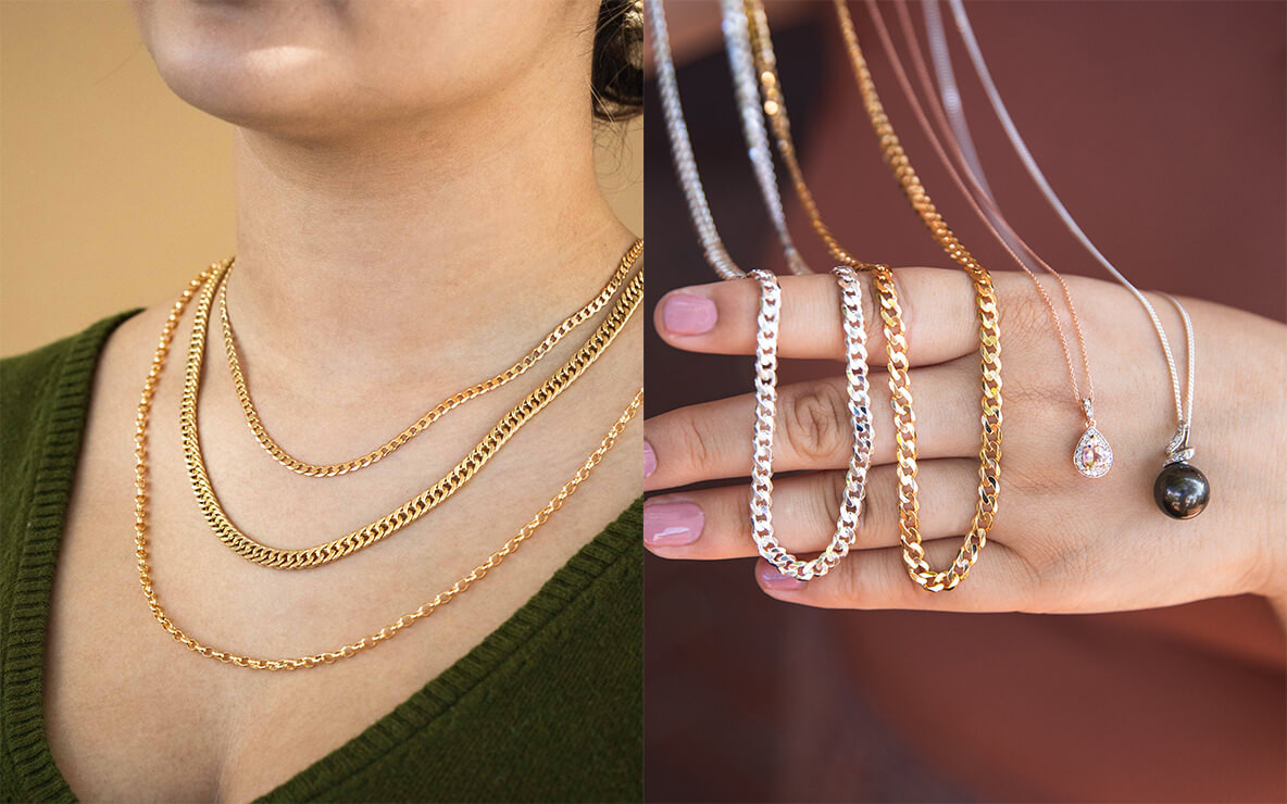 Bridal Jewellery Trends 2022: Left Image - woman wearing chains, right image - four chains sitting on a hand