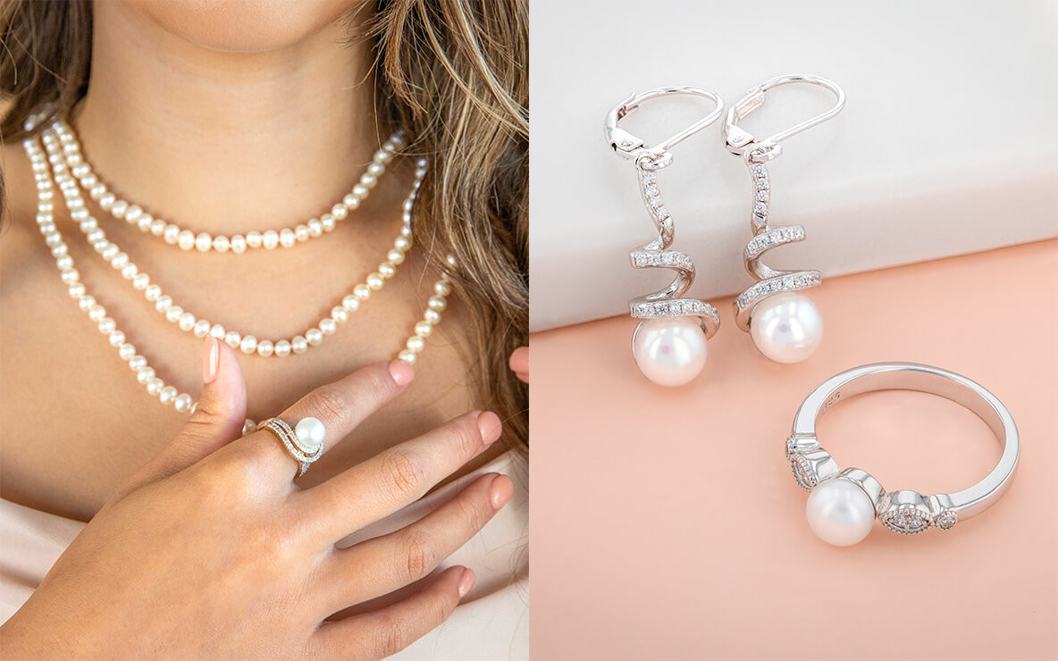 Bridal Trends 2022: right image - woman wearing pearl necklaces, left image - flatlay featuring pear jewellery 