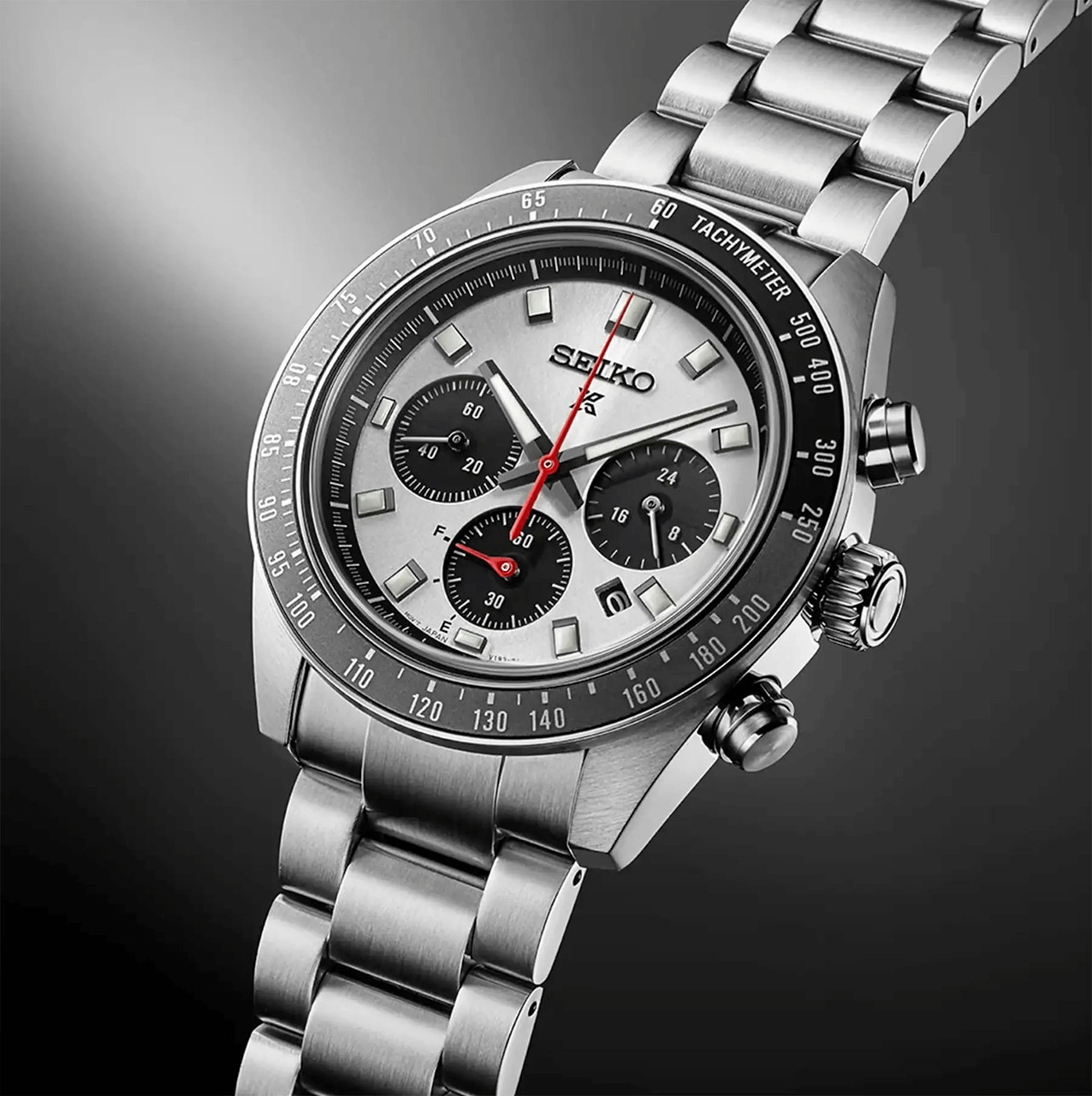 Newest Generation Seiko Prospex Speedtimer. Panda SSC911P watch on silver background