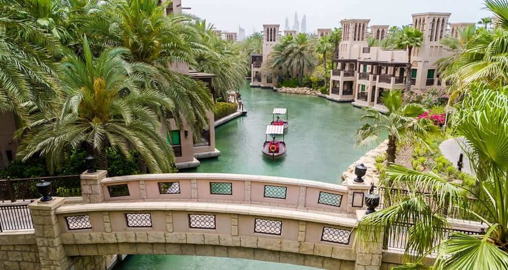 The canal system at the Madinat Jumeirah in Dubai, a resort by Jumeirah made up of 4 properties that looks like a traditional Arabian town.