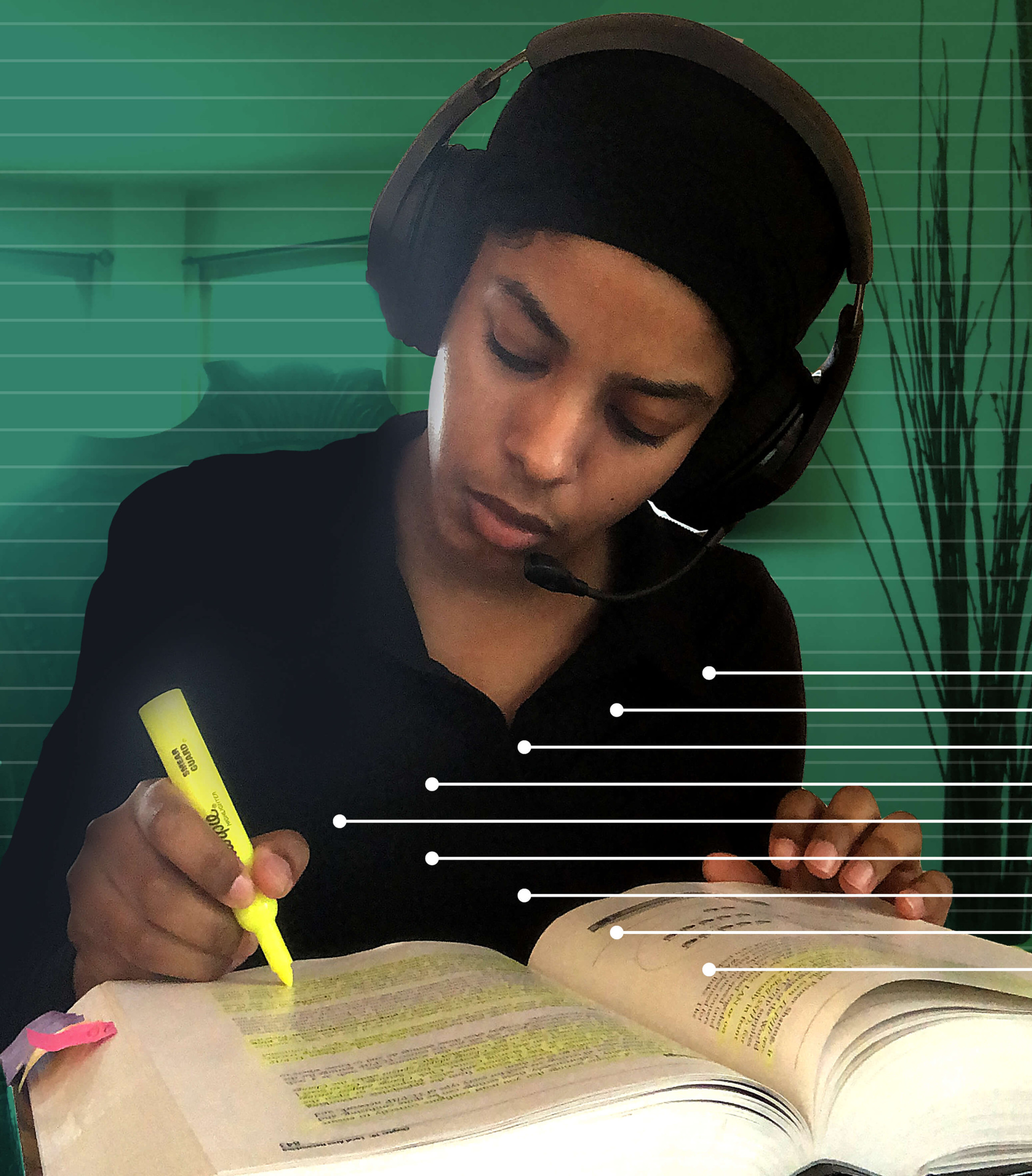 StraighterLine student Valerie V. studying and highlighting text in book